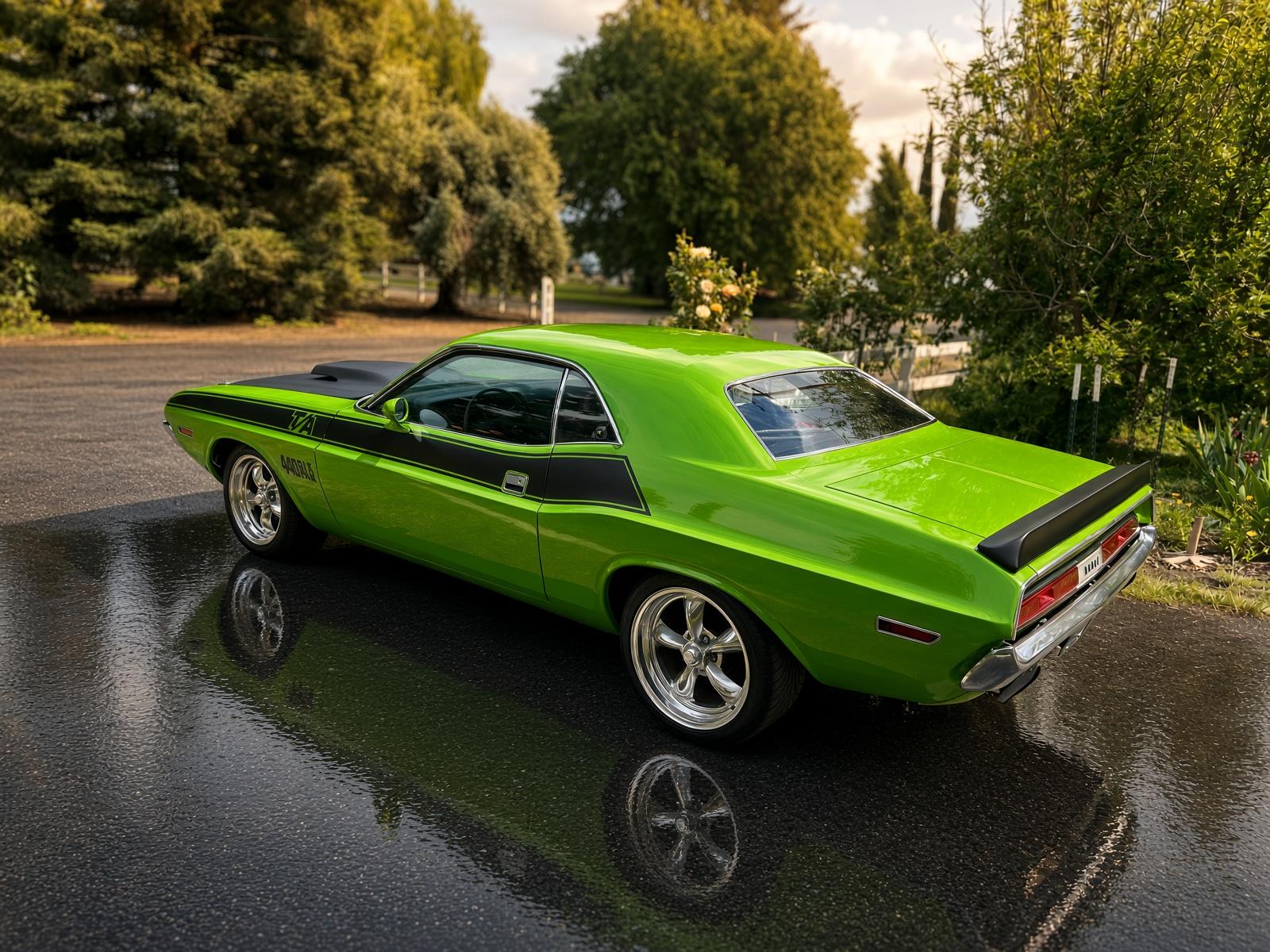 Sublime green 1970 Dodge Challenger photographed outdoors
